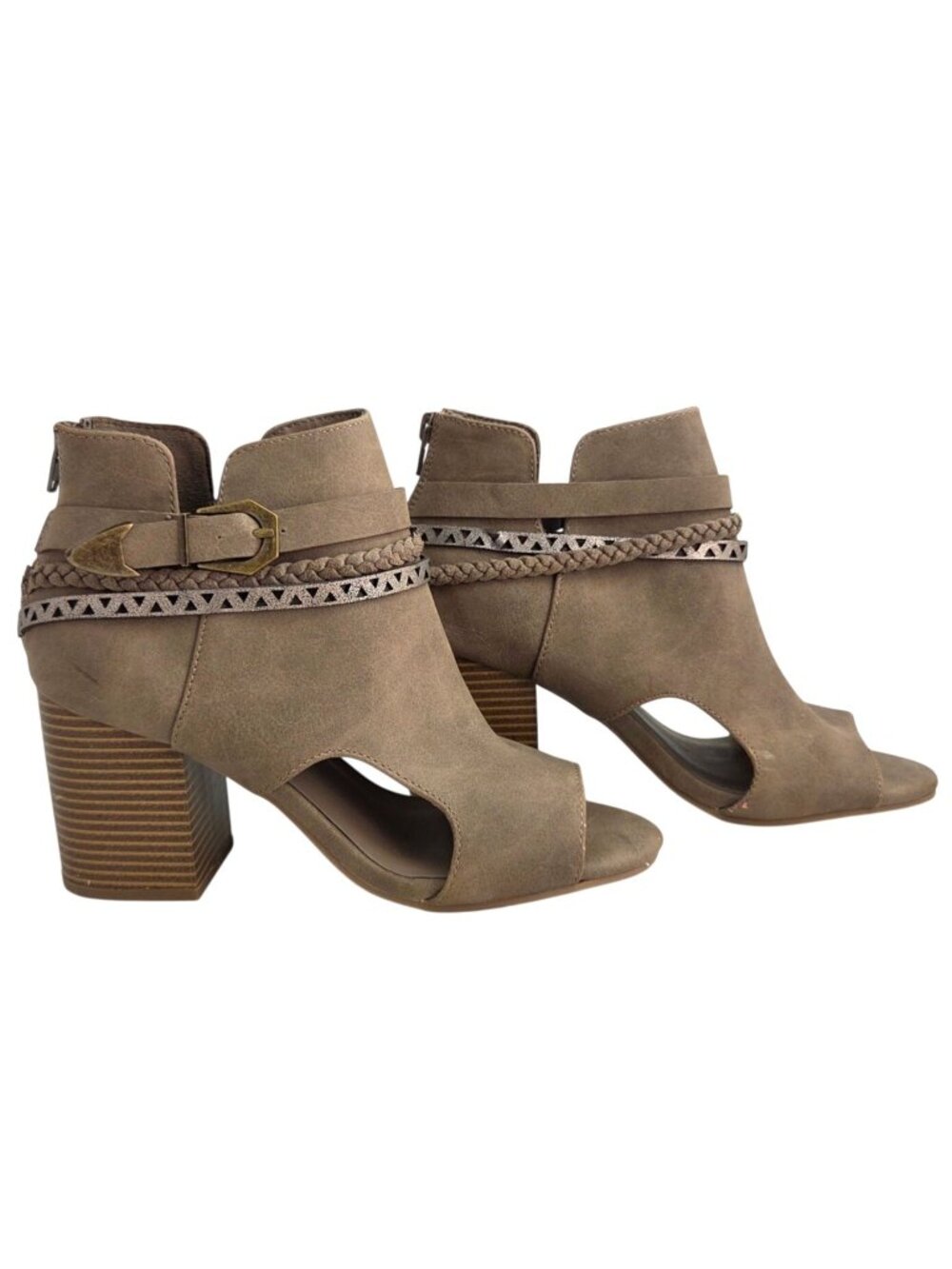 Jellypop Tenley Womens Taupe Peep-Toe Booties Block Heel Braided Strap Zipper 9M